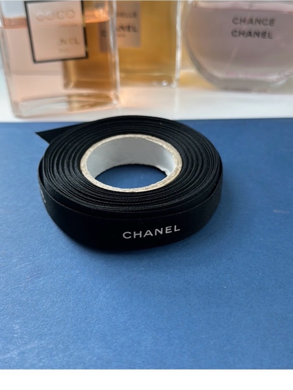 CHANEL Black Ribbon with White Logo